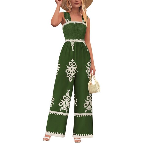 Pants - Women's Green Apricot Flower Casual Boho Summer Shirred Strap Rompers Jumpsuit